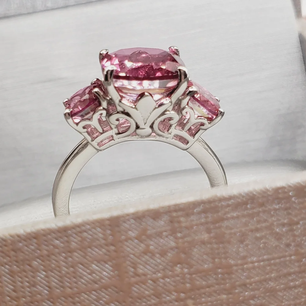 Pink Quartz Three Stone Cushion Cut Ring | 925 Sterling Silver